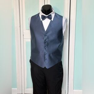 Haze Blue Satin Herringbone Closed Back Vest Wedding Prom Men’s XL with bow tie